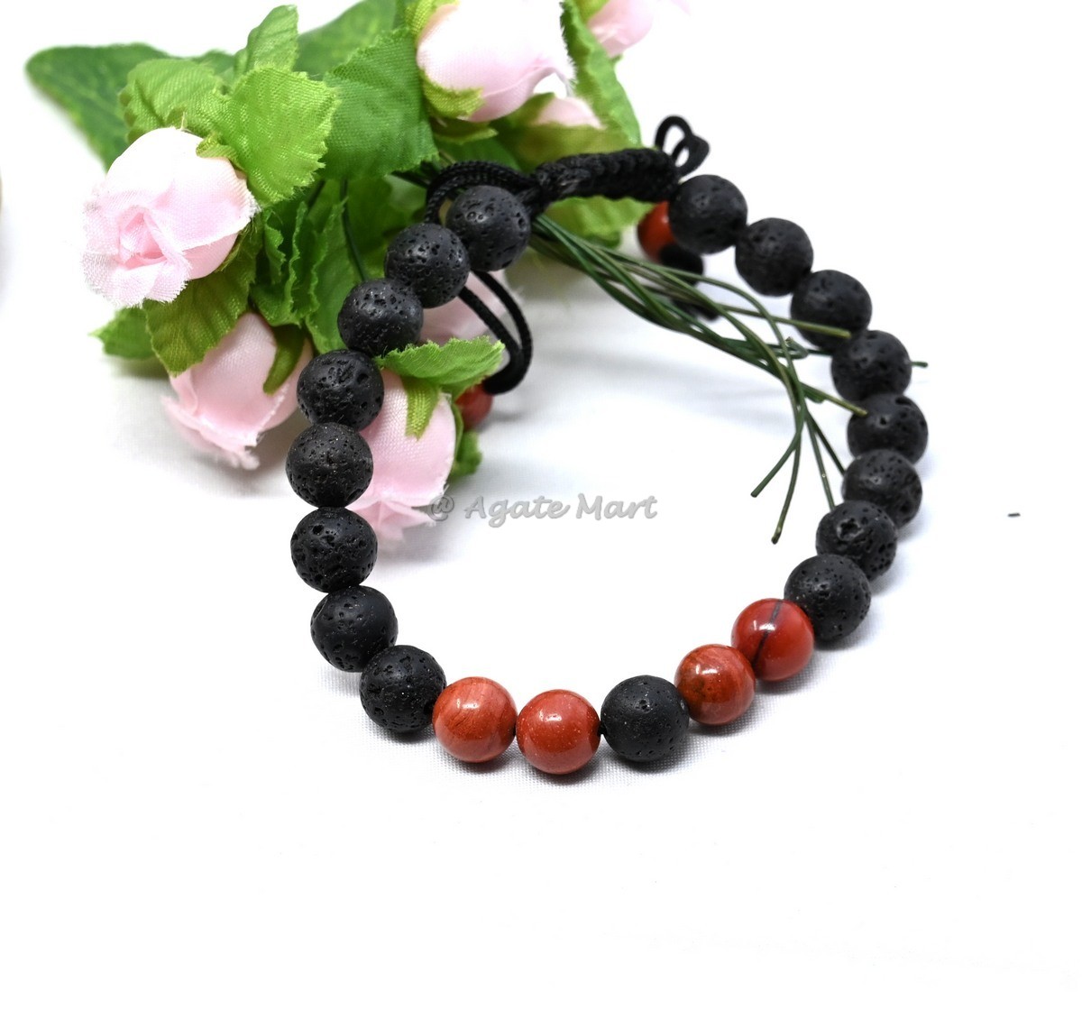 Lava Stone With Red Jasper Adjustable Bracelet