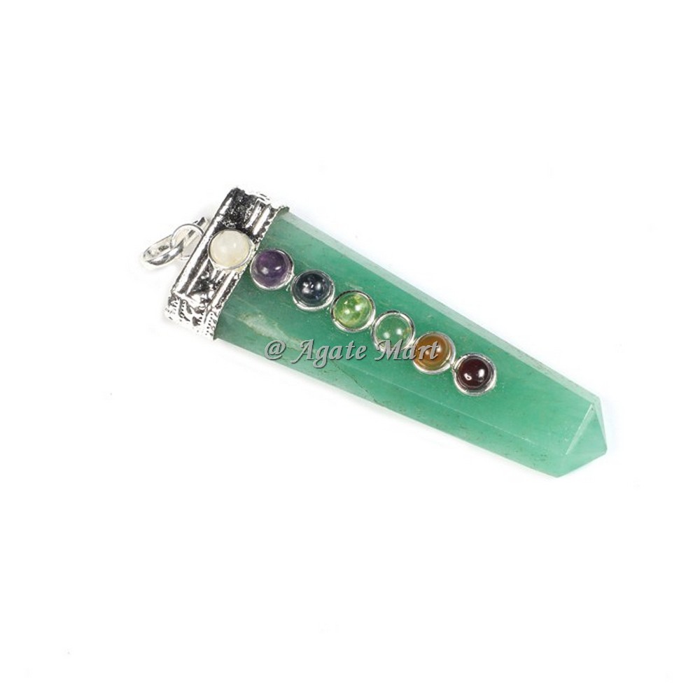 Green Aventurine with Seven Chakra Stones & Silver Cap Faceted Pencil Pendant
