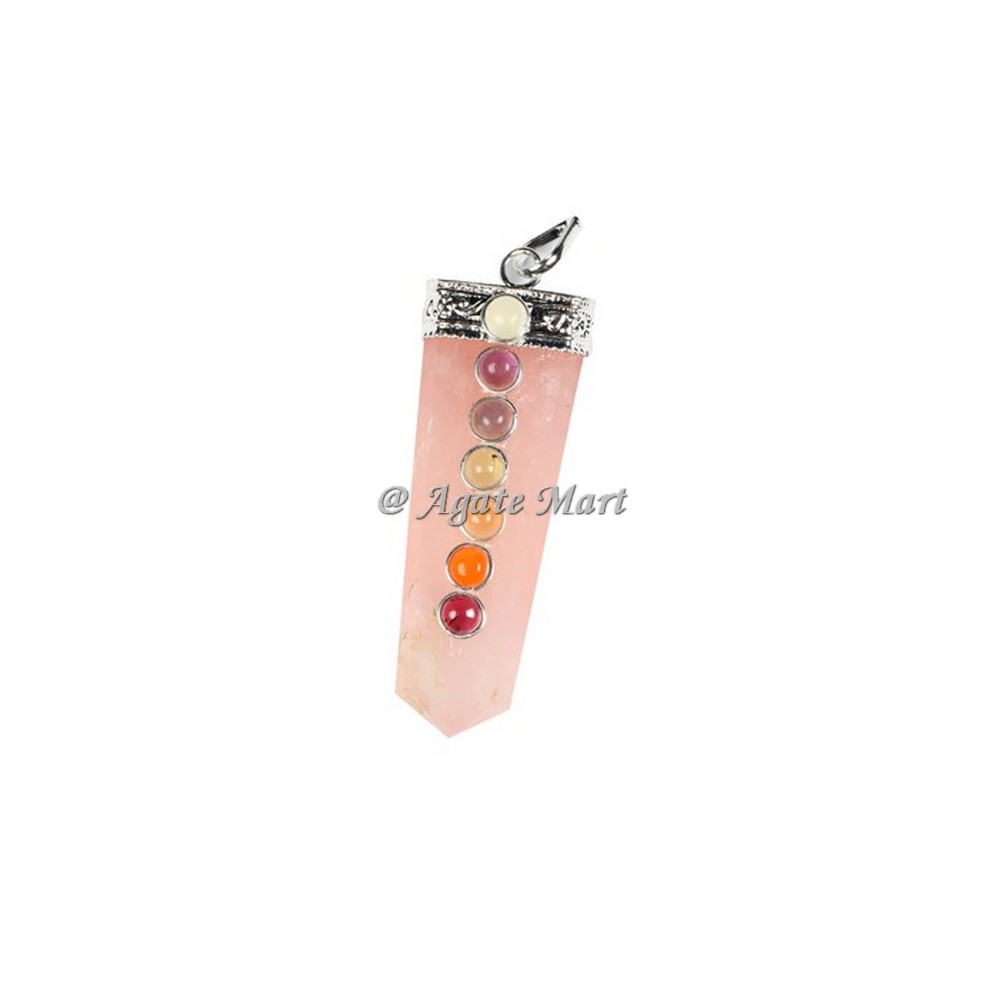 Rose Quartz with Seven Chakra Stones & Silver Cap Faceted Pencil Pendant