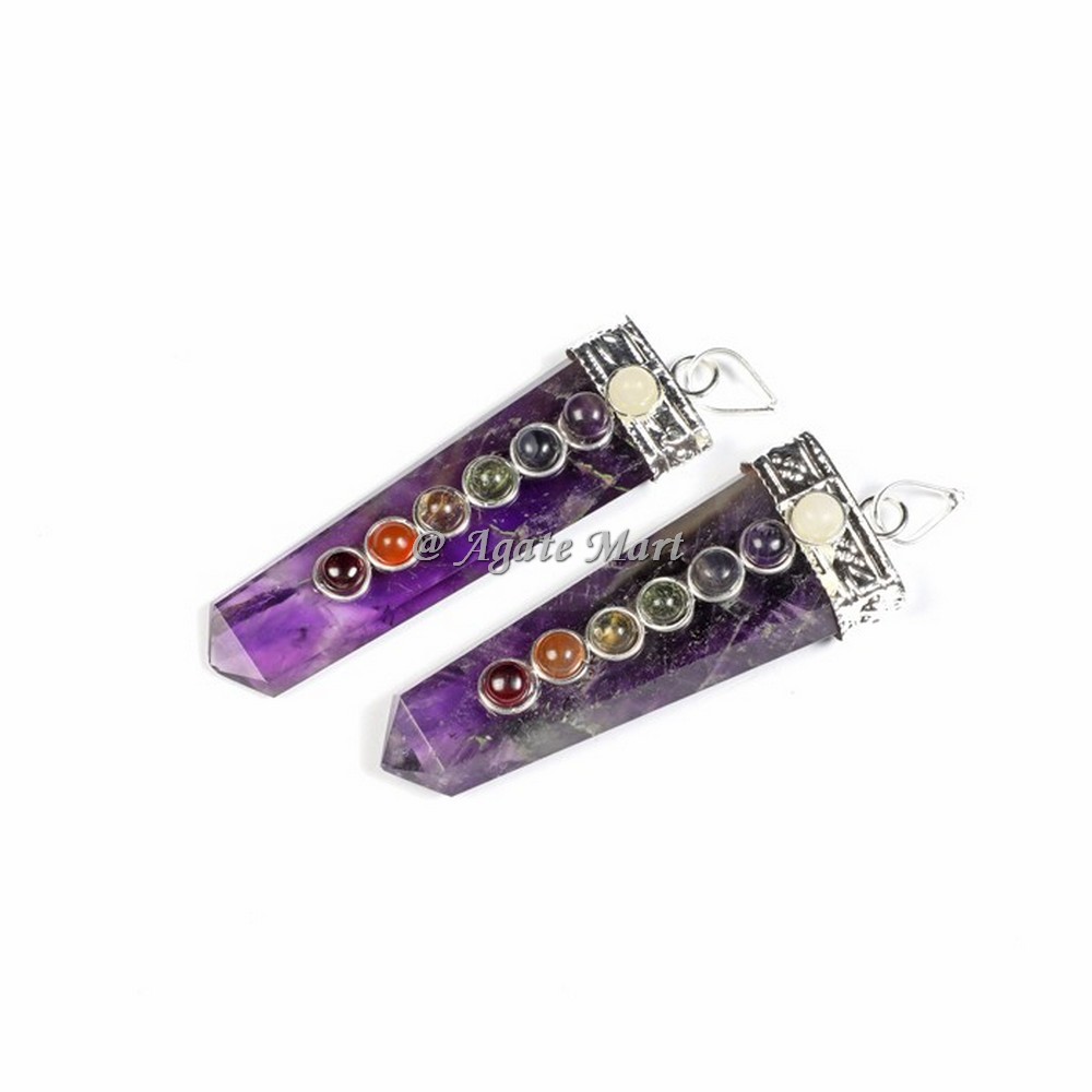 Amethyst with Seven Chakra Stones & Silver Cap Faceted Pencil Pendant