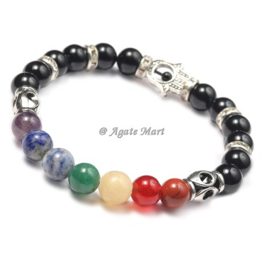 Black Obsidian Seven Chakra Stones With Hamsa Bracelet