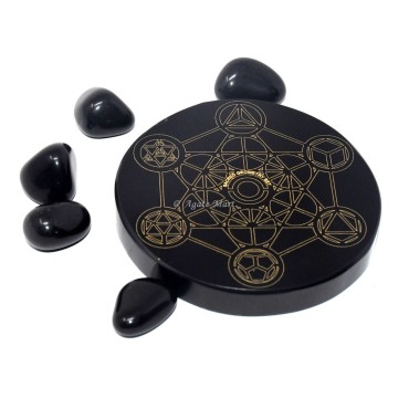 Sacred Geometry Engraved Coaster On Black Agate