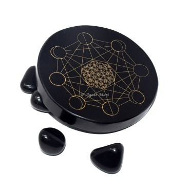 Moon Phase with flower of life Engraved Coaster On Black Agate