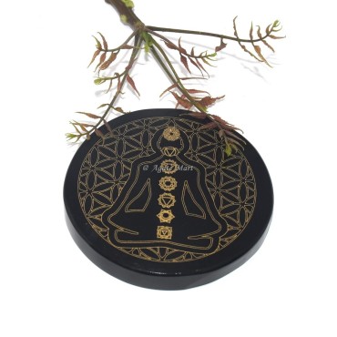 7 Chakra With Buddha Engraved Coaster On Black Agate