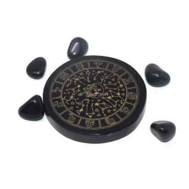 Zodiac with Star Engraved Coaster On Black Agate