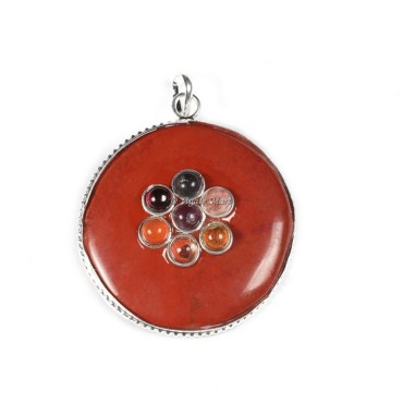 Red Jasper with Seven Chakra Stones Round Pendant