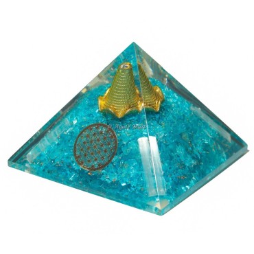 Aquamarine With Selenite Orgone Emf Protection Pyramid With Flower Of Life