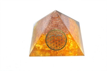 Crystal Quartz Yellow With Flower of Life EMF Protection Orgonite Pyramid Crystal Pyramids
