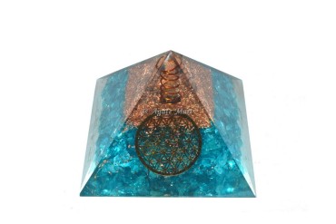 Flower Of Life With Aquamarine Crystals EMF Protection Orgonite Pyramid