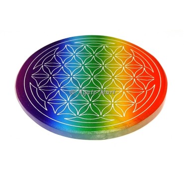 Selenite Rainbow Flower of life Engraved Coaster
