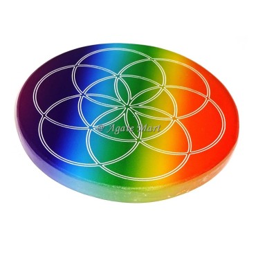 Selenite Rainbow Seed Of Life Engraved Coaster