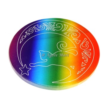 Healing Crescent Moon With Star Engraved on Rainbow Selenite Charging Plate