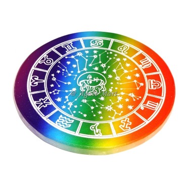Healing Zodiac Symbol With Star Engraved On Rainbow Selenite Charging Plate