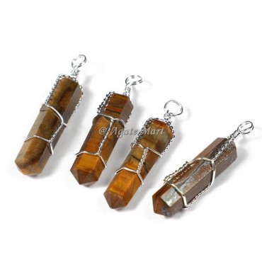 Tiger Eye with Double Terminated Wire Wrap Faceted Pencil Pendant
