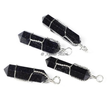 Blue Sunstone with Double Terminated Wire Wrap Faceted Pencil Pendant