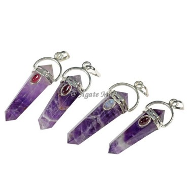 Amethyst with Garnet Stone Faceted Pencil Pendant