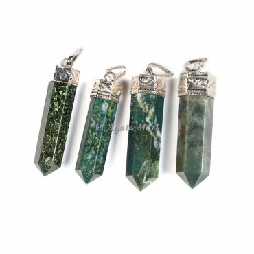 Moss Agate with Silver Cap Faceted Pencil Pendant