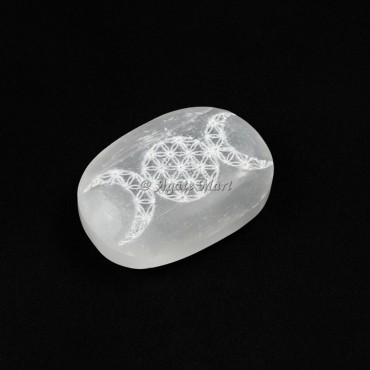 Engraved Triple Moon Selenite Palm Stone