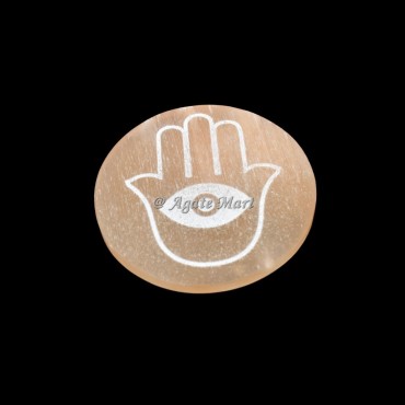Hamas With Third Eye Engraved Orange Selenite Charging Plate