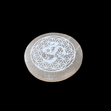 Om Symbol With Flower Engraved Orange Selenite Charging Plate