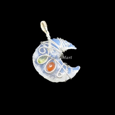 Opalite Moon With Peridot And Carnelian Wire Wraped Healing Pendant