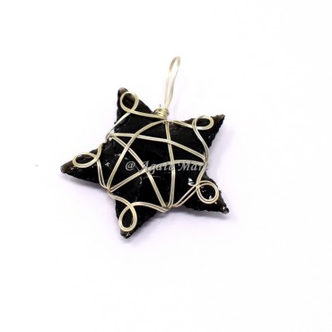 Black Obsidian Star Silver Wire Wraped Pendant