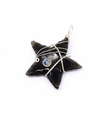 Black Obsidian Star with Rainbow Moonstone Wire Wraped Pendant
