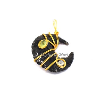 Black Obsidian Moon With Rainbow Moonstone And Citrine Pendant