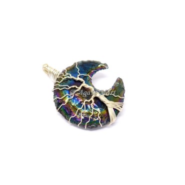 Rainbow Titanium Aura Opalite Moon Silver Tree Of Life Wire Wraped Pendant