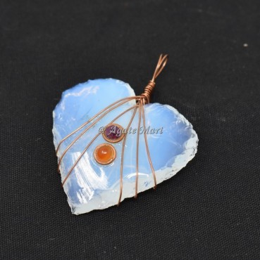 Opalite Heart Wire Wraped With Garnet And Carnelian Pendant